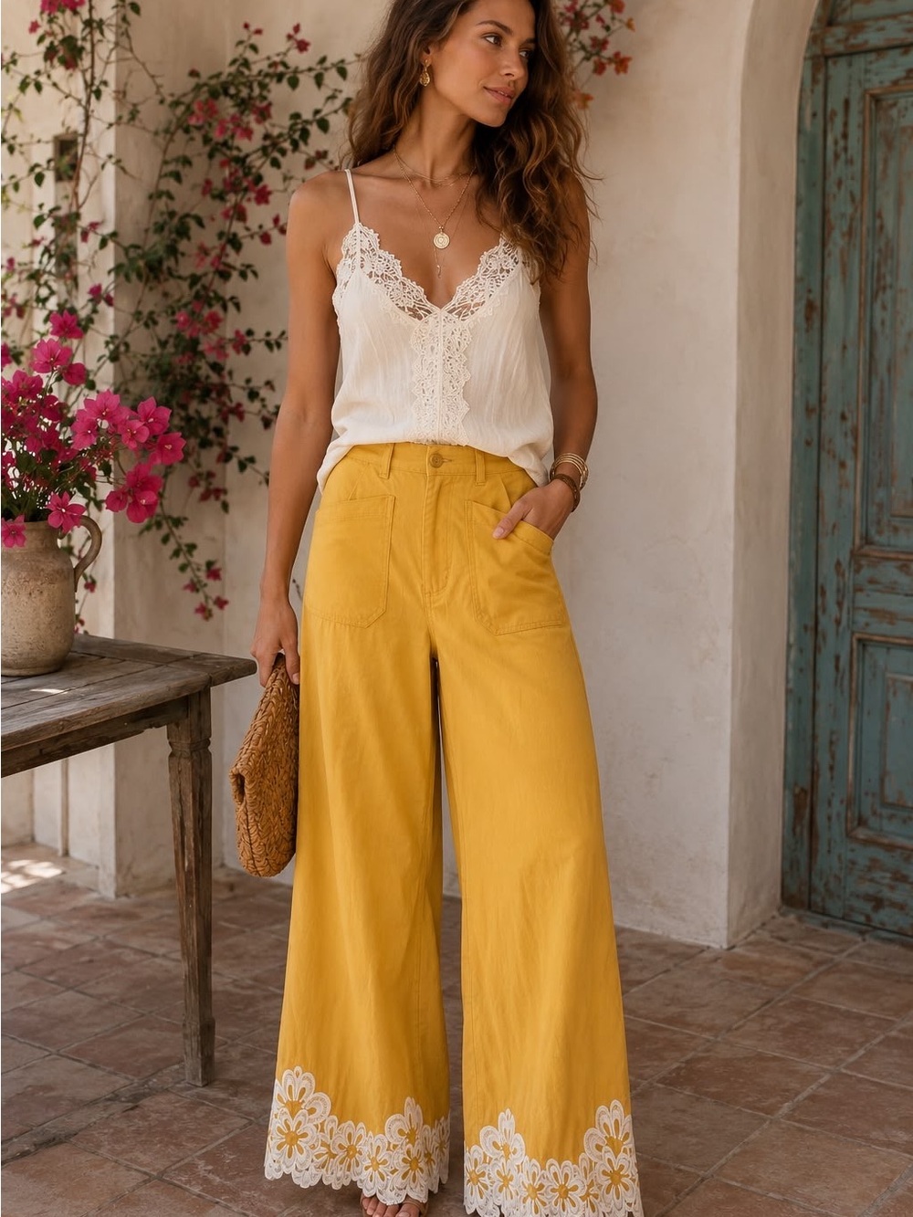 Maeve Yellow Wide-Leg Embroidered Hem Pants